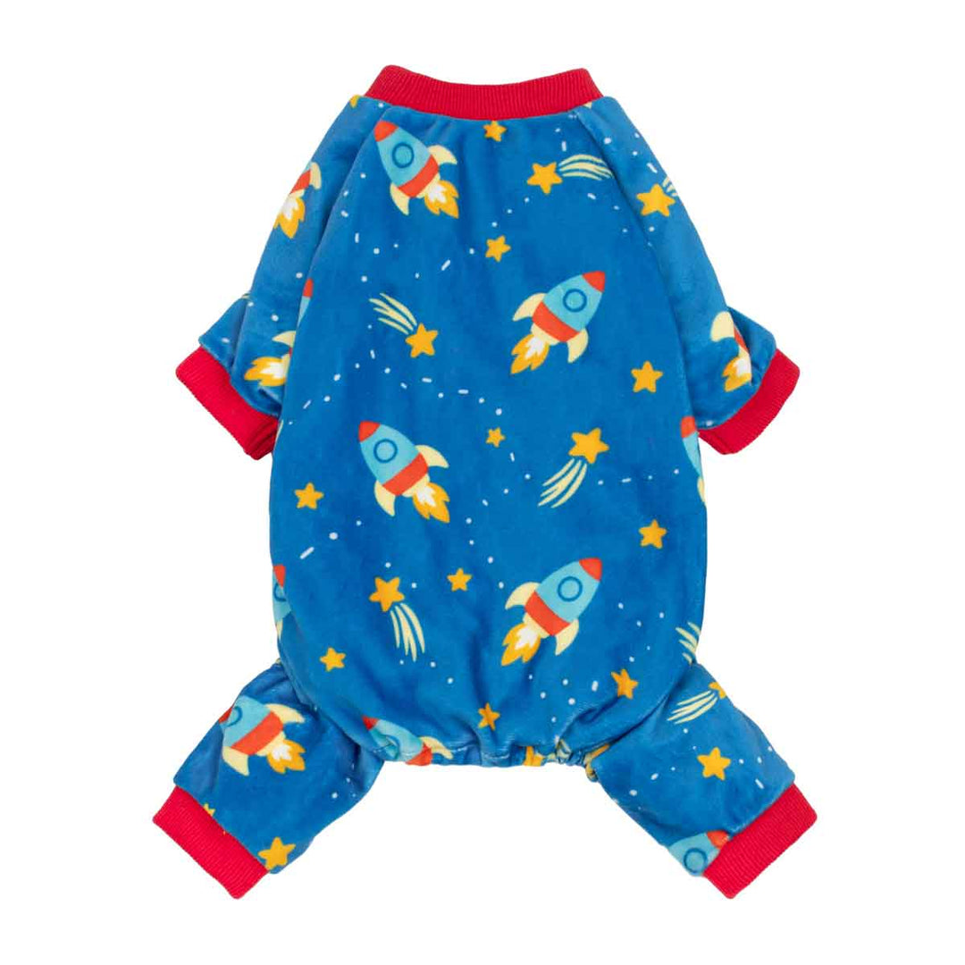 Blue dog pjs with a space theme, featuring a print of colorful rockets, stars, and white stars, finished with red trim on the neck and cuffs