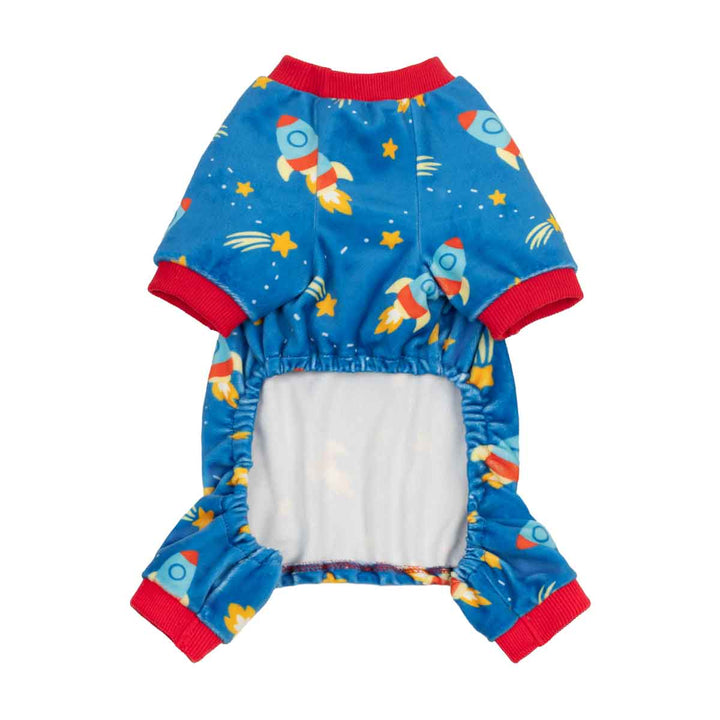 Cozy pajamas for dogs with a space theme, featuring cartoon rockets and stars prints, shown on a plain white background.