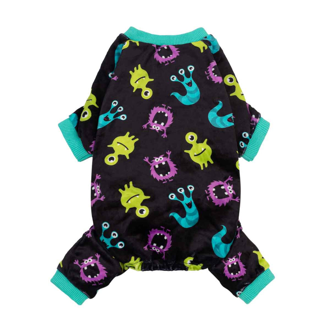 Black dog pajamas with colorful cartoon monsters, green trim, and ribbed cuffs.