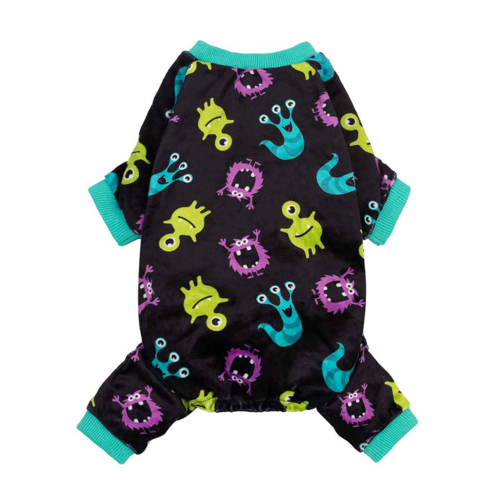 Black dog pajamas with colorful cartoon monsters, green trim, and ribbed cuffs.