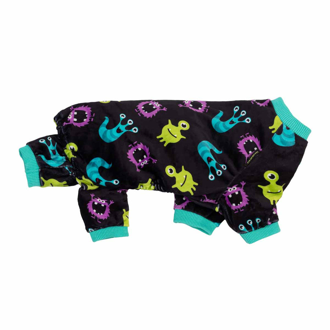 Black dog pajamas with cartoon monsters in green, purple, and blue. Features ribbed cuffs and a Fitwarm logo.