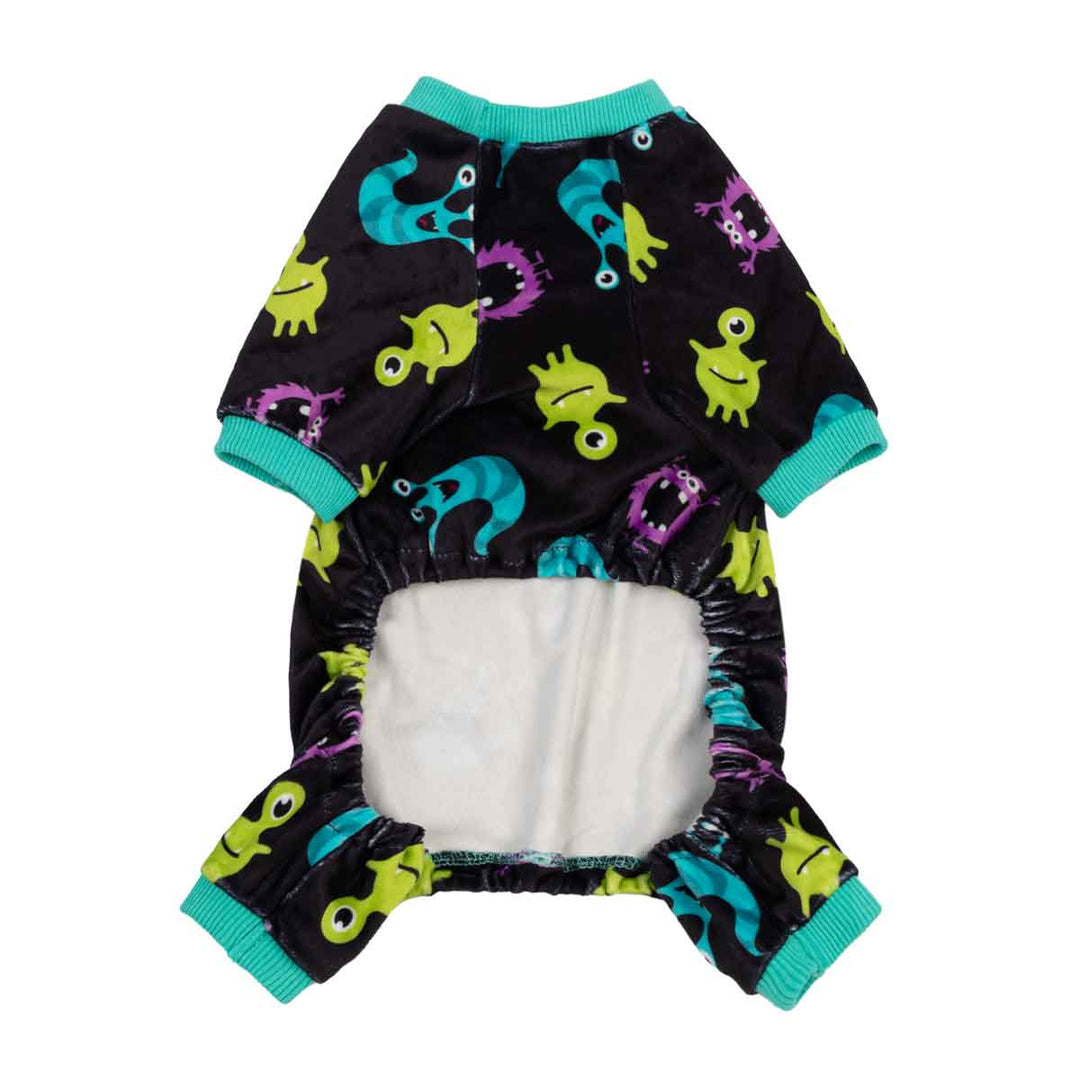 Black dog pajamas with colorful cartoon monsters, green trim, and ribbed cuffs.