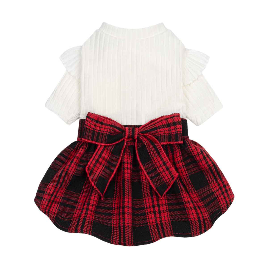 Ruffle sleeves plaid sweater dress for small dogs and cats, white top with red/black plaid skirt and bow.