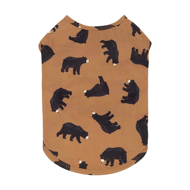 Sleeveless shirt for dogs featuring an all-over black bear print, displayed flat against a solid white background