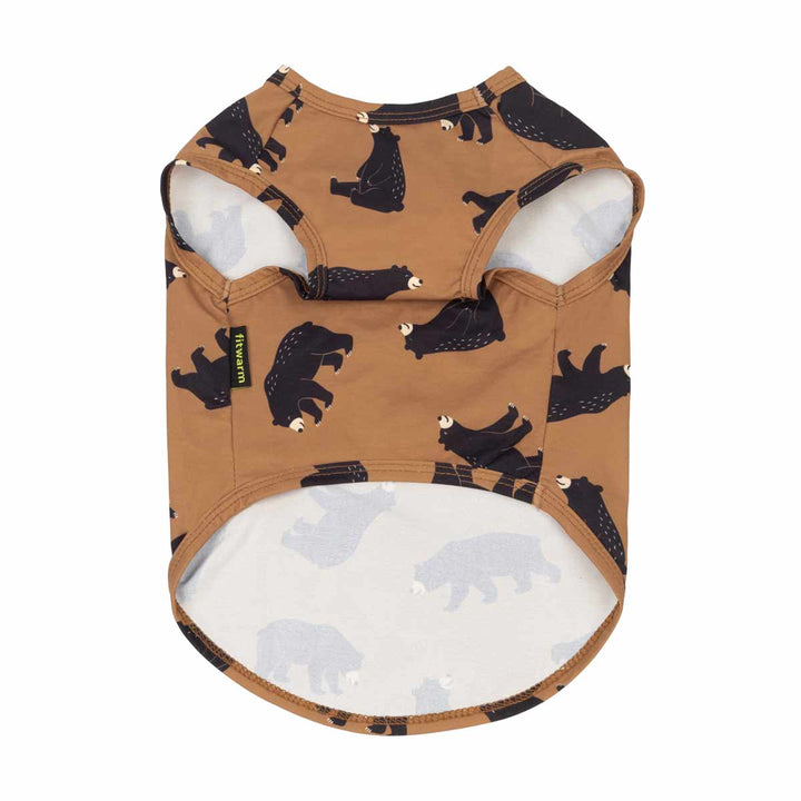 Summer dog shirt in a tan color with a black bear print, featuring a white inner lining with a light black bear pattern