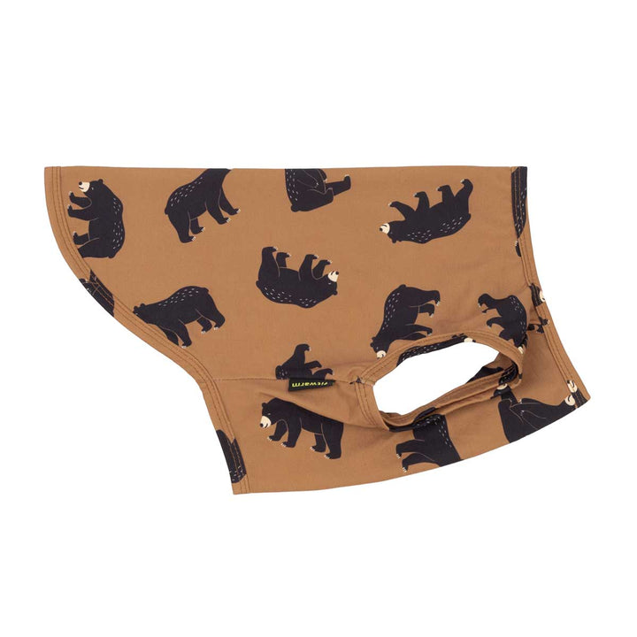 Side view of dog tshirt with a black bear print pattern
