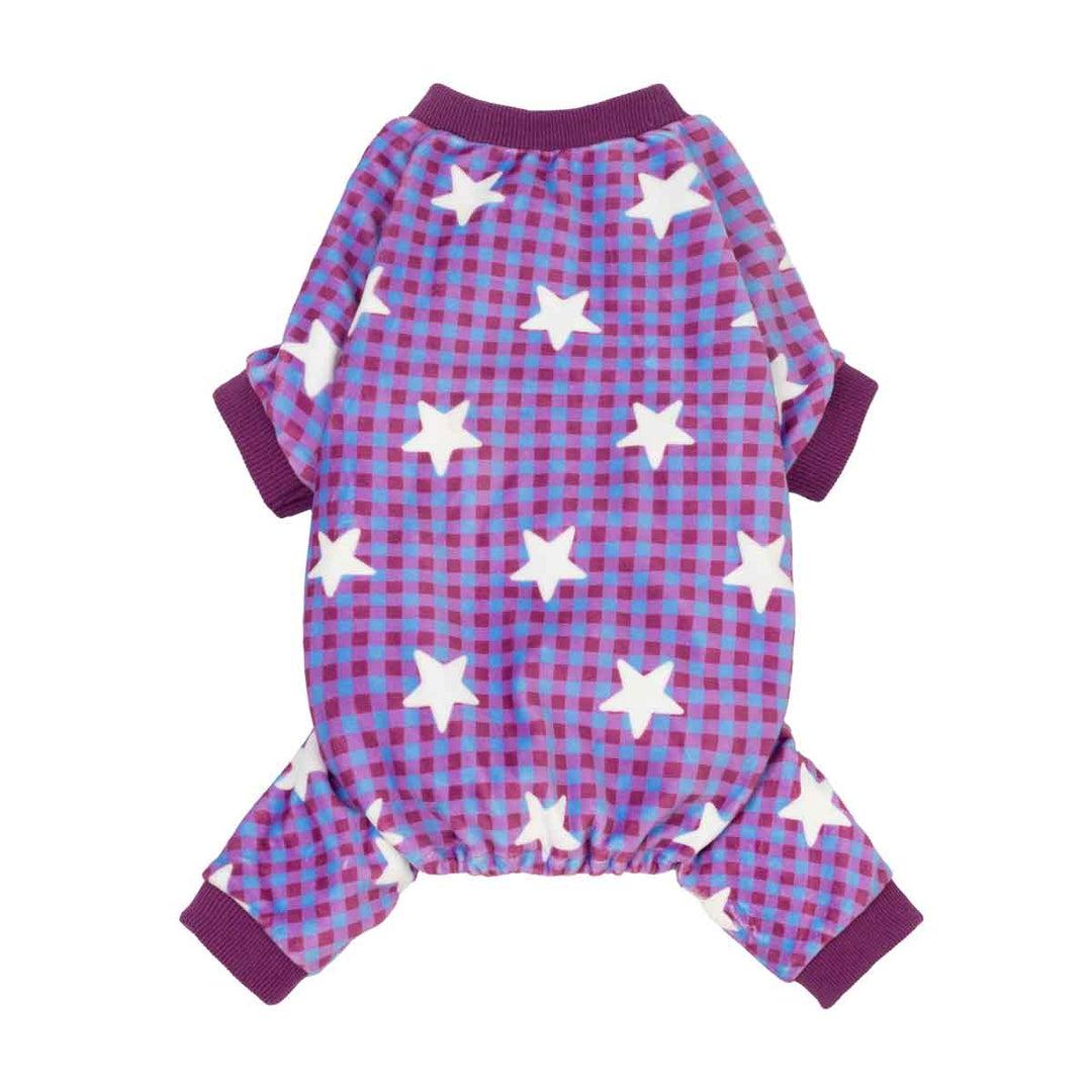 Small dog pajama with a purple and pink gingham check pattern and white star prints, featuring dark purple ribbed cuffs and collar, shown on a plain white background