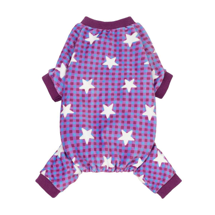 Small dog pajama with a purple and pink gingham check pattern and white star prints, featuring dark purple ribbed cuffs and collar, shown on a plain white background
