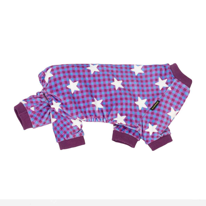 Side view of cozy dog pjs with star and classic plaid prints
