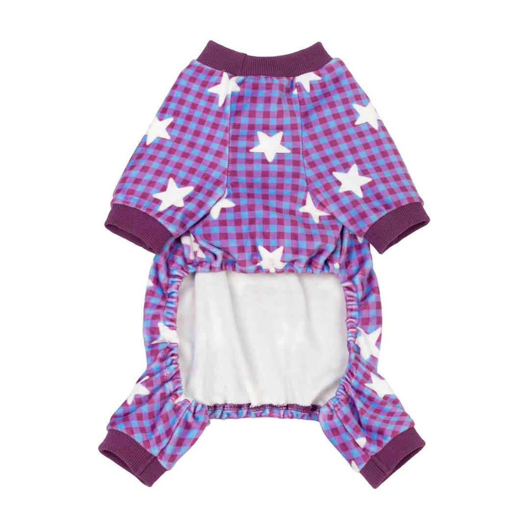 Small pajama for dogs featuring a pink and blue plaid pattern with white star prints, purple ribbed cuffs and collar, and a white fleece lining