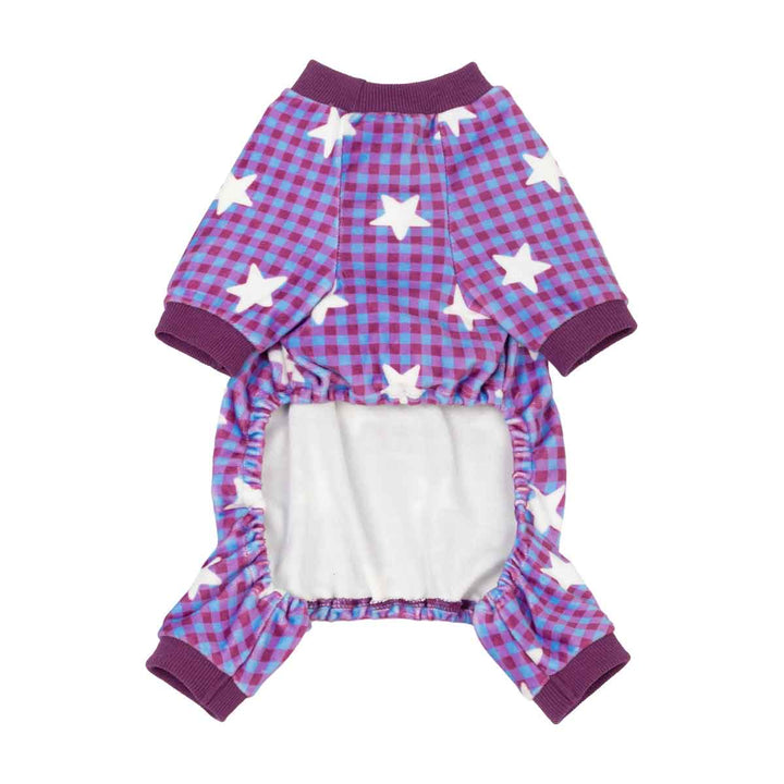 Small pajama for dogs featuring a pink and blue plaid pattern with white star prints, purple ribbed cuffs and collar, and a white fleece lining