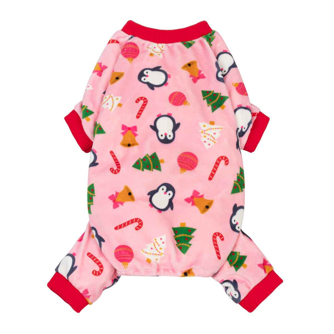 Christmas pajamas for dogs in adorable penguin, gift, candy cane and Christmas tree prints