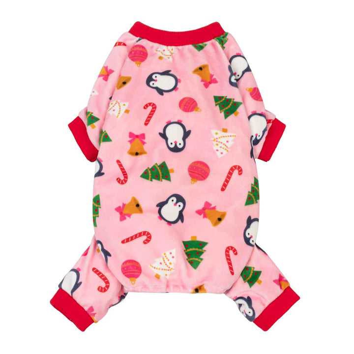 Christmas pajamas for dogs in adorable penguin, gift, candy cane and Christmas tree prints