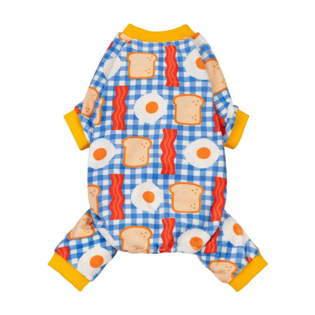 Small dog pjs with a blue and white plaid pattern, decorated with a breakfast theme print of toast, bacon, and  eggs