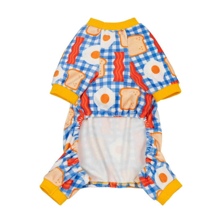 Cozy pajamas for dogs with a breakfast-themed print featuring blue gingham, bacon, eggs, and toast, with yellow trim, shown on a plain white background