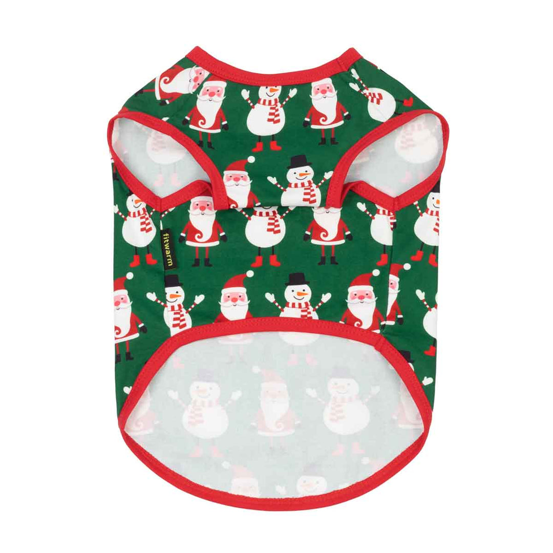 Christmas dog t shirt with a festive Christmas print featuring Santa Claus and snowmen, shown flat against a white background
