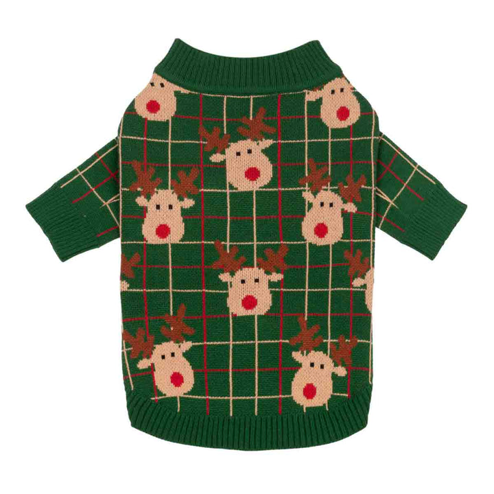 Green knitted sweater for dogs featuring a festive Christmas theme with a plaid pattern and cartoon reindeer faces