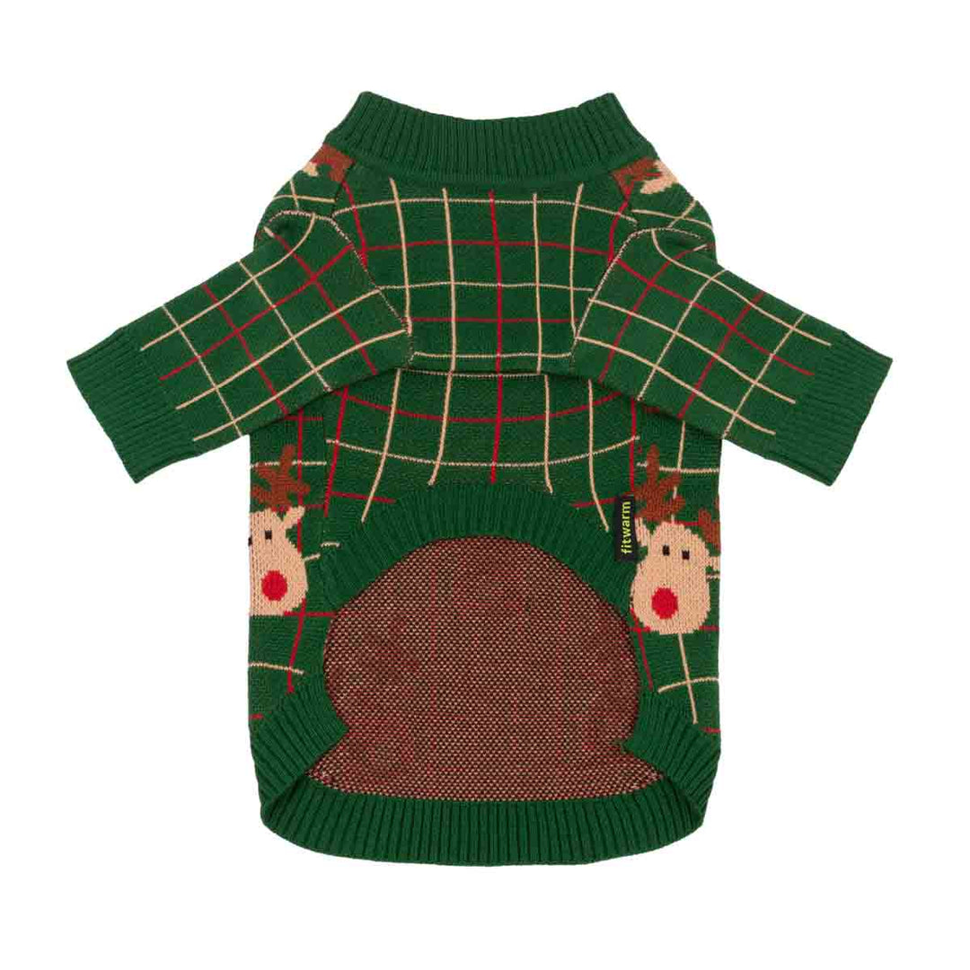 Green dog sweaters with a red and beige plaid pattern, featuring a cartoon reindeer designs on the sides