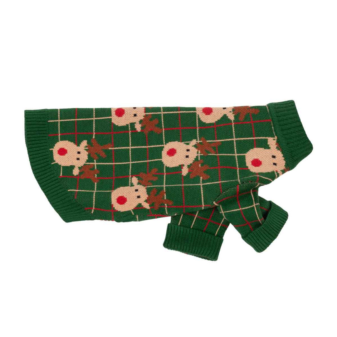 Green dog knit sweater with a holiday theme, featuring a plaid pattern with cream and red lines, brown reindeer antlers, and cream reindeer faces with red noses