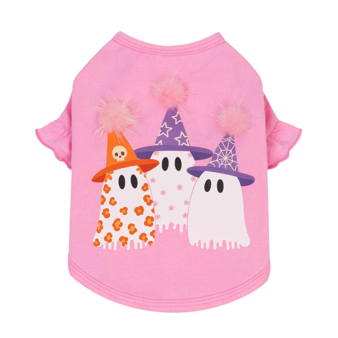 Pink short-sleeve shirt for dogs featuring a graphic of three cute ghosts wearing witch hats with fluffy pom-poms, set against a plain white background