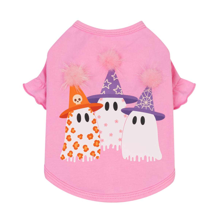 Pink short-sleeve shirt for dogs featuring a graphic of three cute ghosts wearing witch hats with fluffy pom-poms, set against a plain white background