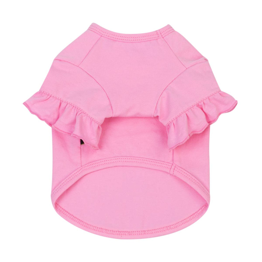 Pink dog Halloween shirt with ruffled sleeves, shown flat against a white background