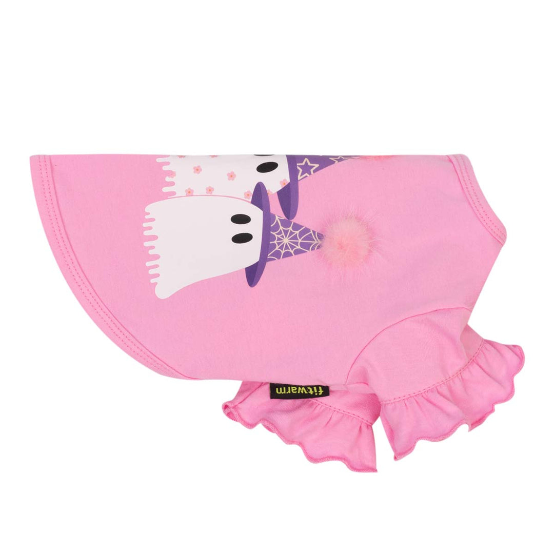 Pink dog tshirt with a cartoon ghost and spiderweb design, featuring a ruffled brim and a small pom-pom accent