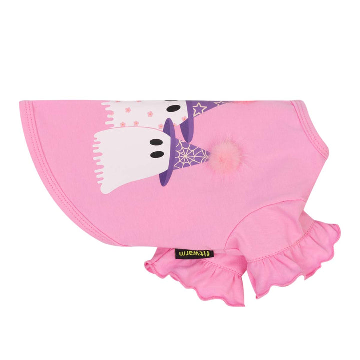 Pink dog tshirt with a cartoon ghost and spiderweb design, featuring a ruffled brim and a small pom-pom accent
