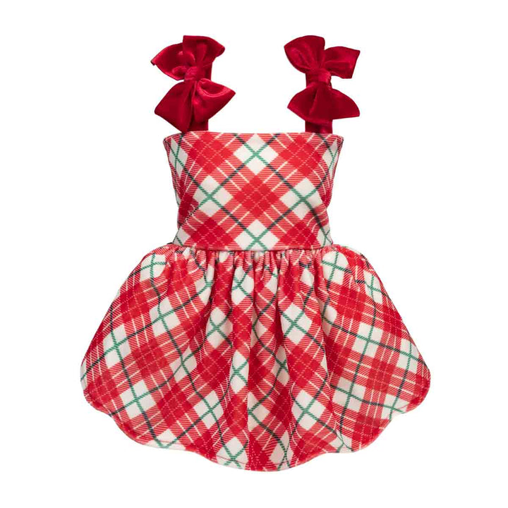 Festive red, white, and green plaid dress for dogs, featuring a flared skirt and red velvet bow straps on a solid white background