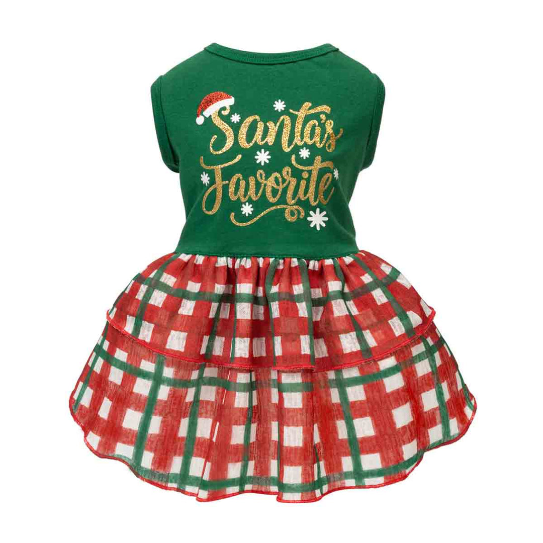 Christmas-themed dress for dogs with a green top featuring 'Santa's Favorite' in gold glitter lettering and a red, green, and white plaid tiered skirt