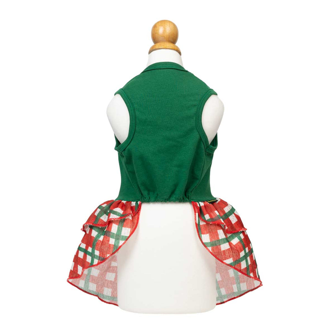 Christmas green dress for dogs displayed on a white mannequin from the back, featuring a red and green plaid ruffled skirt