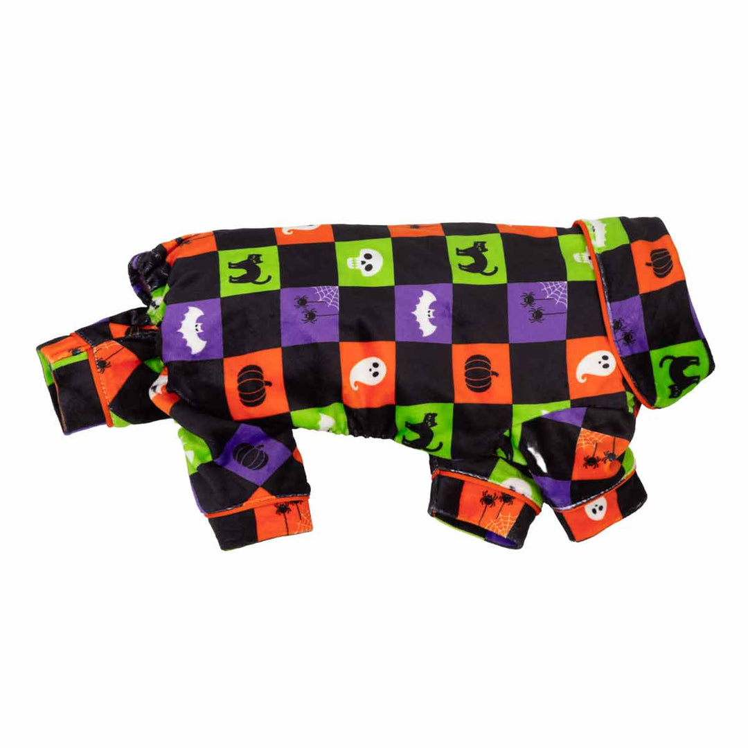 Side view of pajamas for dogs featuring a colorful Halloween-themed checkered pattern with orange, black, green, and purple squares, decorated with pumpkins, ghosts, bats, and witches hats