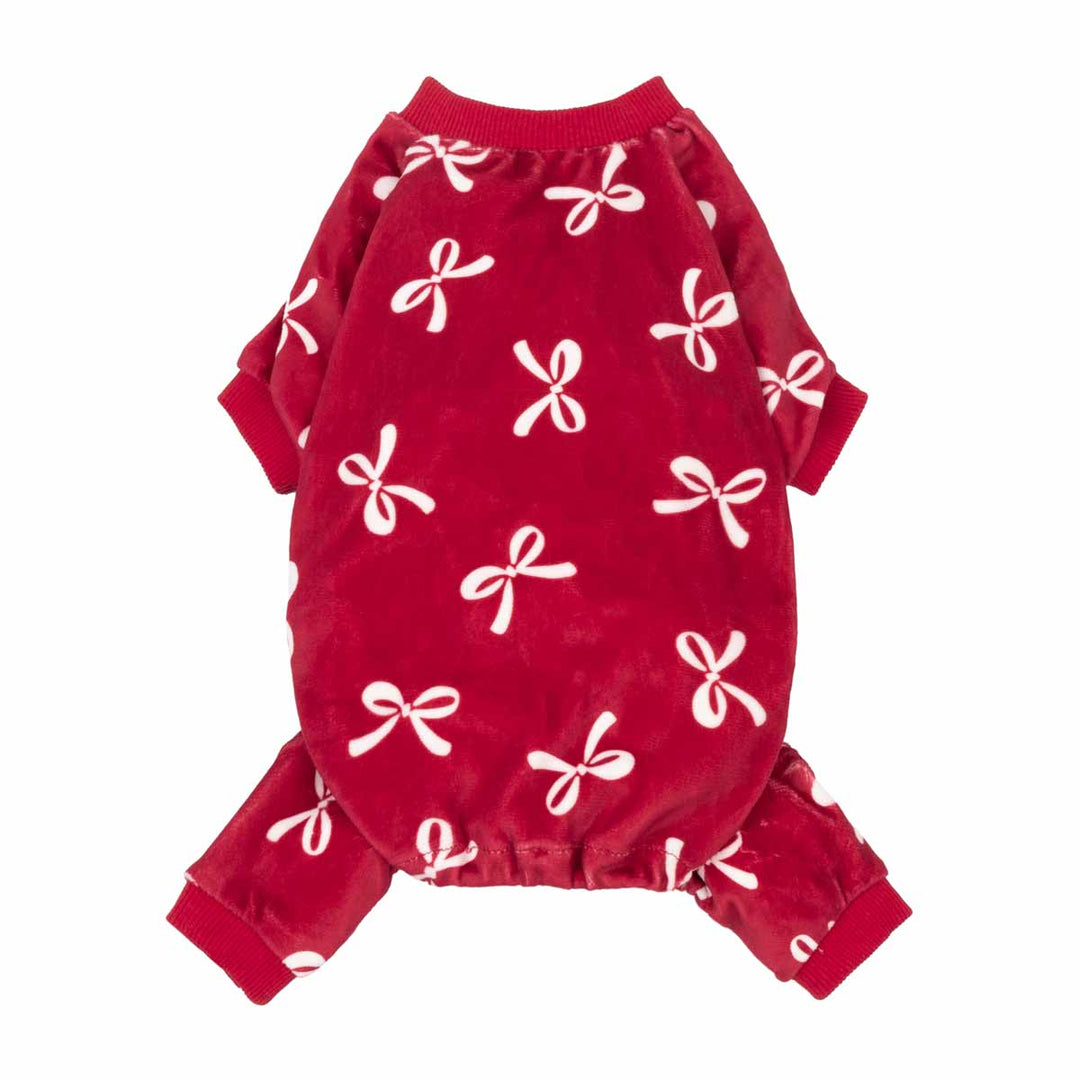 Red Valentine's Day dog pajamas with white bowknot prints, soft and comfy for small dogs