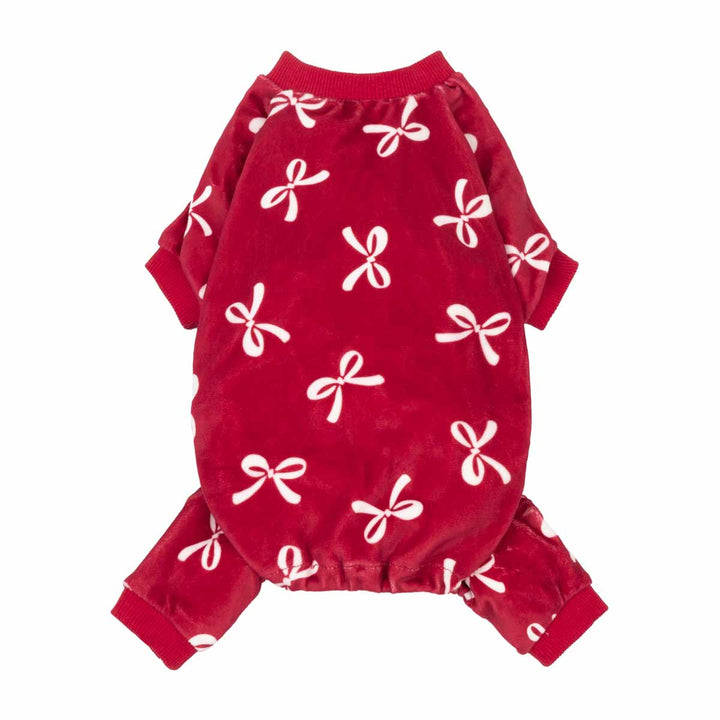 Red Valentine's Day dog pajamas with white bowknot prints, soft and comfy for small dogs