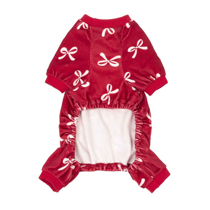 Valentine's Day dog pajamas, red with white bow print. Soft and comfy dog onesie for small breeds.