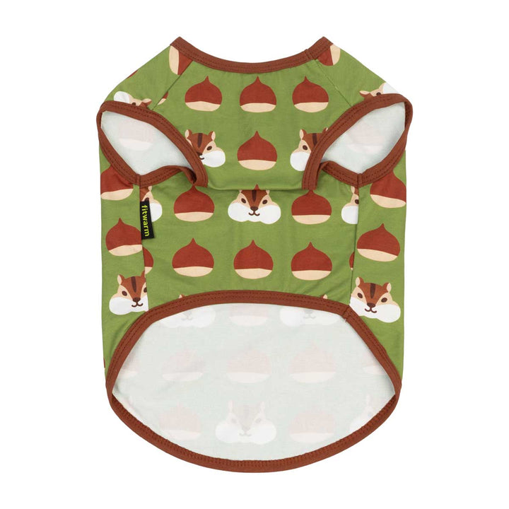 Lightweight shirt for dogs with a repeating pattern of brown acorns and white-and-brown squirrel, featuring a brown trim