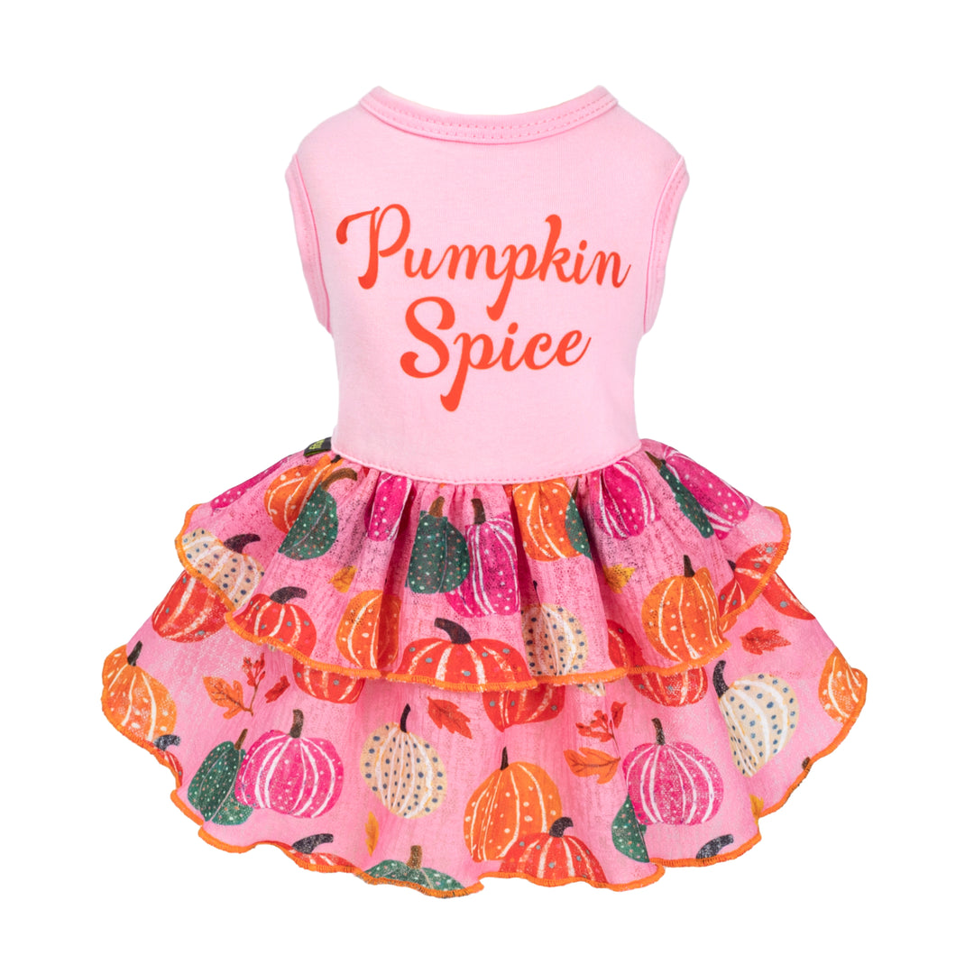 Pink dog dress, "Pumpkin Spice" text, pumpkin & leaf print skirt. Product view.