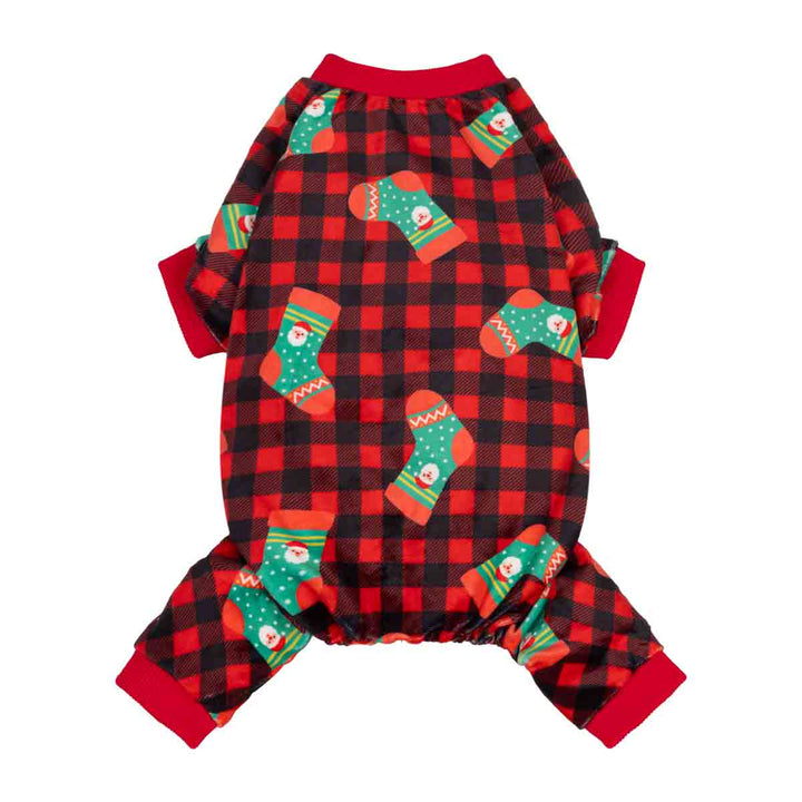 Christmas plaid pajamas for dogs with Chrsitmas socks prints on a white background