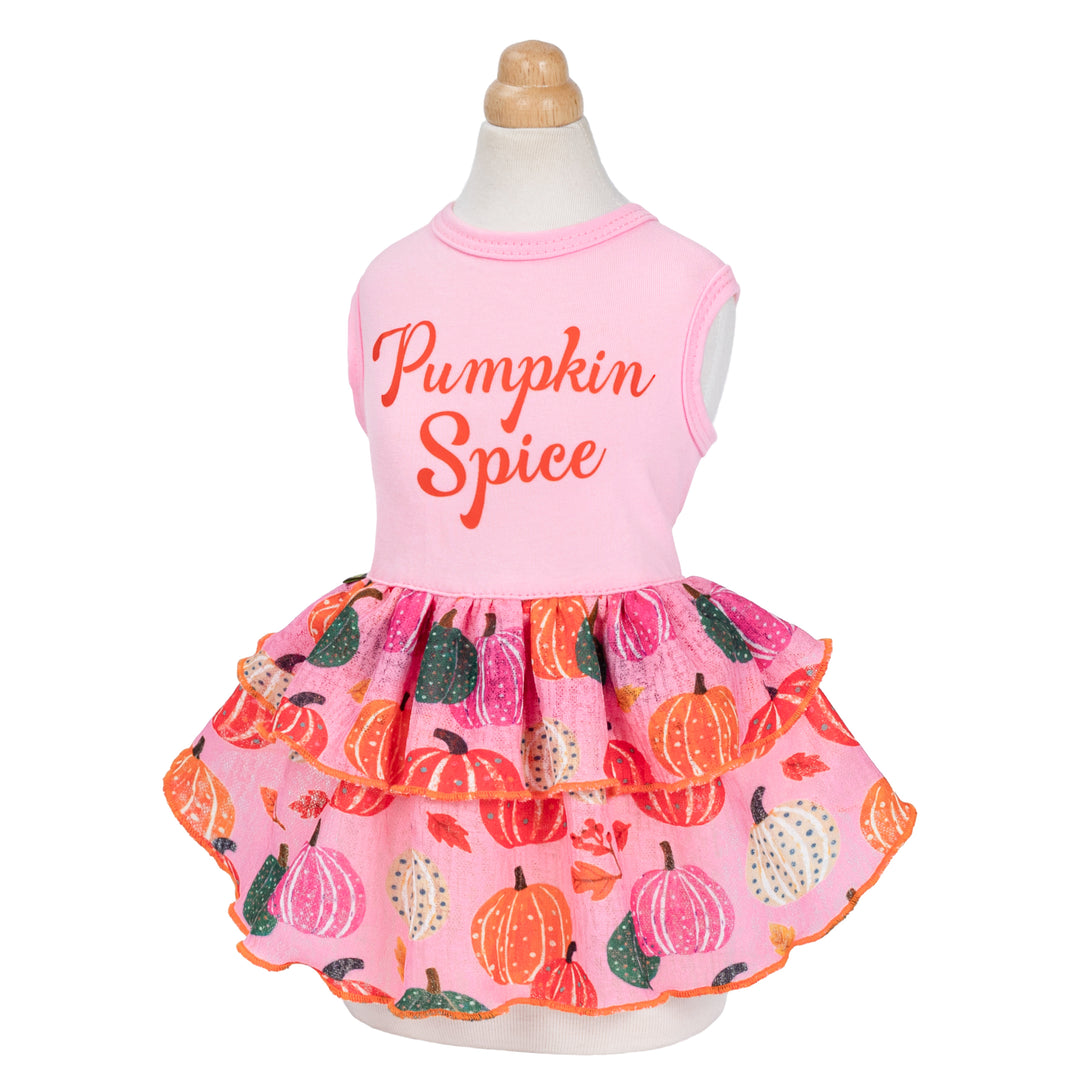 Cute dog dress in pink with layered pumpkin skirt, perfect for autumn and Thanksgiving