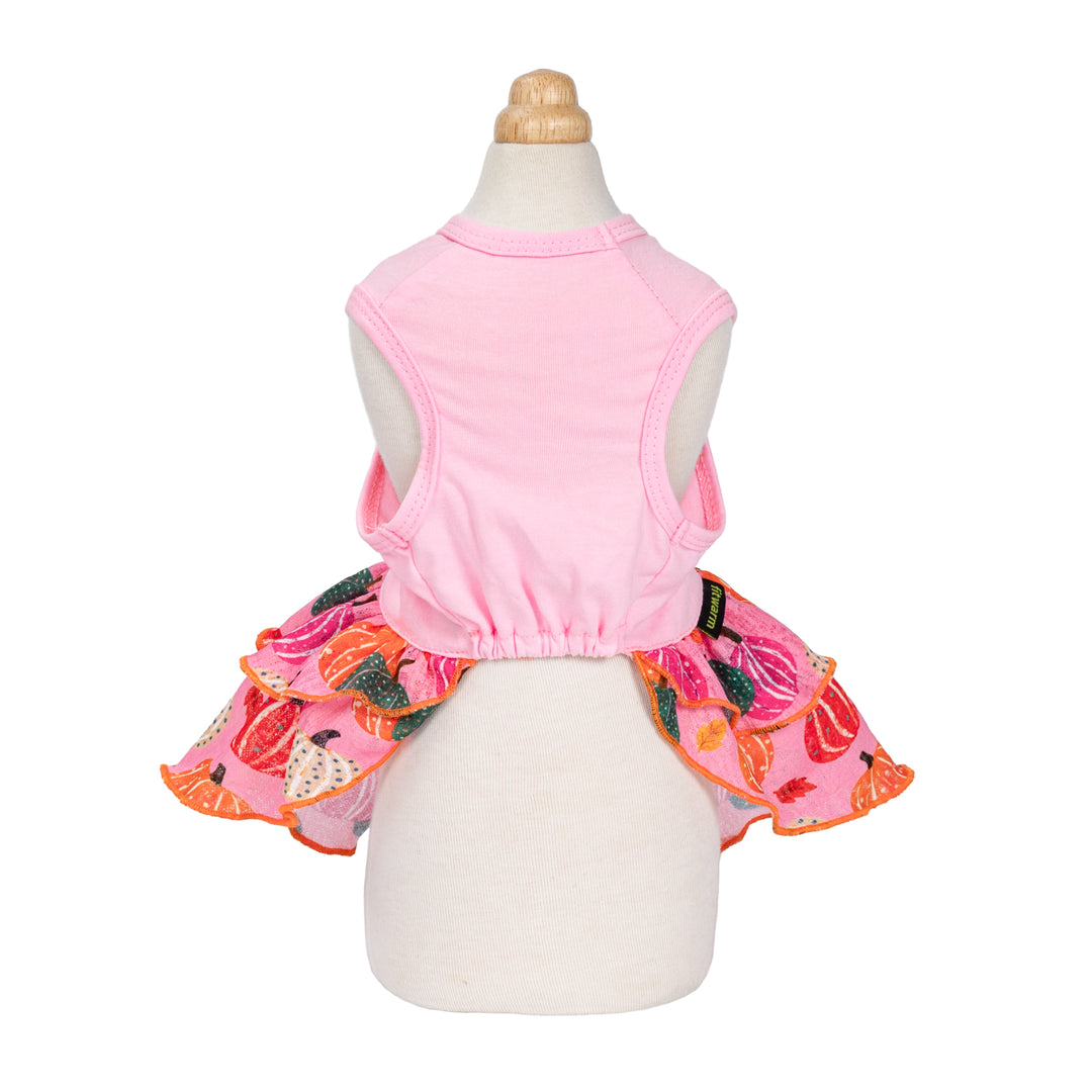 Back view of pumpkin-themed dog dress in pink with elastic waist for a snug fit.