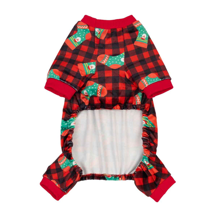 Small dog onesie featuring a red and black buffalo plaid top with green Christmas stocking patterns, red cuffs, and a matching red collar