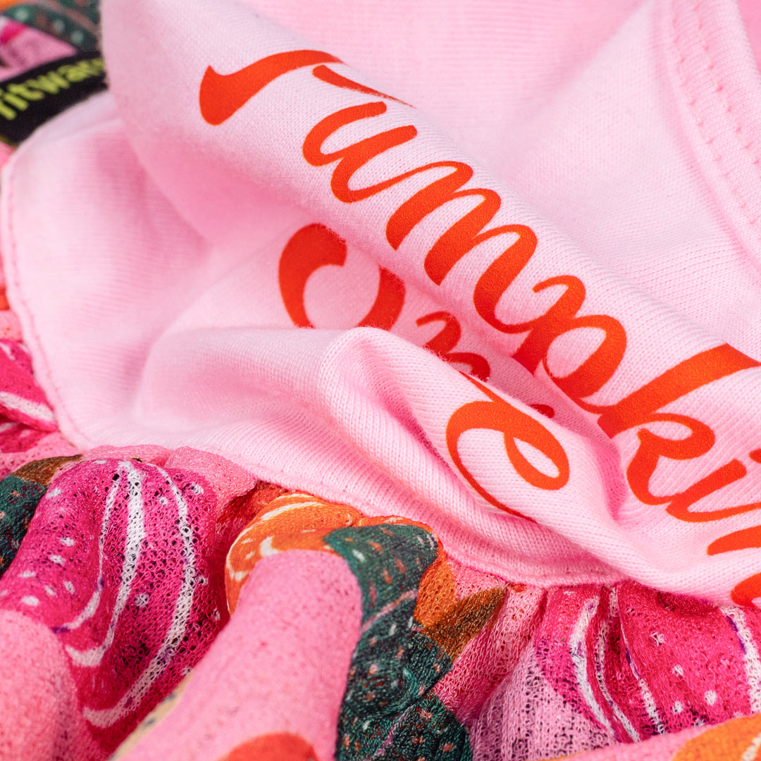 Close-up of pink dog dress showing 'Pumpkin Spice' lettering and colorful pumpkin skirt.