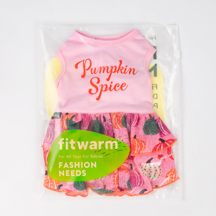 Pink dog dress with "Pumpkin Spice" text and pumpkin/leaf print. Ideal for fall walks and holidays.