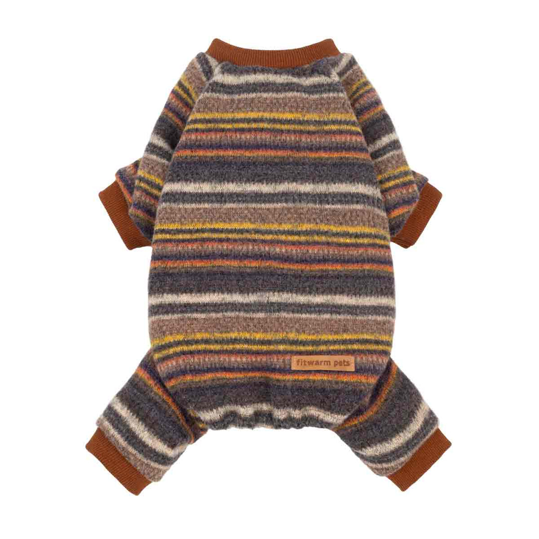 Striped pajamas for dogs with long sleeves and leg openings, featuring a cozy knit pattern in brown, beige, gray, yellow, and orange