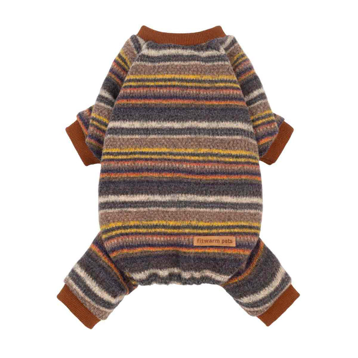 Striped pajamas for dogs with long sleeves and leg openings, featuring a cozy knit pattern in brown, beige, gray, yellow, and orange