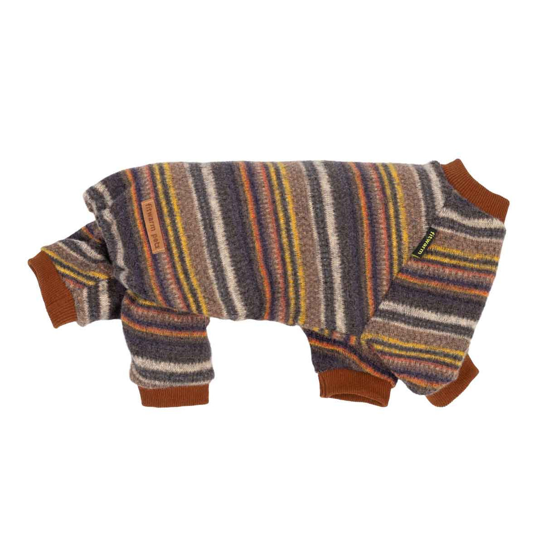 Cozy dog pjs with a multicolor striped pattern in brown, orange, yellow, blue, and white, featuring ribbed brown cuffs and collar, shown on a plain white background