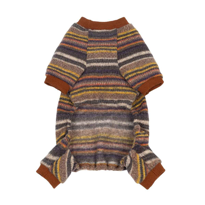 Small dog fleece pajamas with a cozy, fuzzy texture, featuring horizontal stripes in brown, beige, gray, and yellow, with solid brown ribbed cuffs and collar