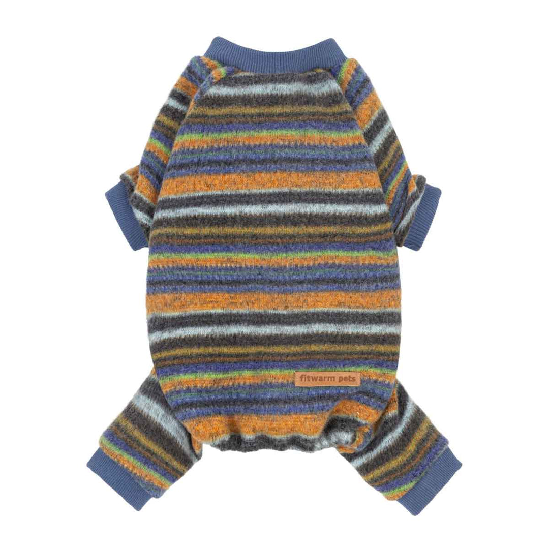Striped dog onesie with long sleeves and a ribbed crew neck, cuffs, and ankles, featuring horizontal stripes of orange, blue, gray, and white