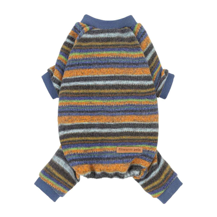 Striped dog onesie with long sleeves and a ribbed crew neck, cuffs, and ankles, featuring horizontal stripes of orange, blue, gray, and white