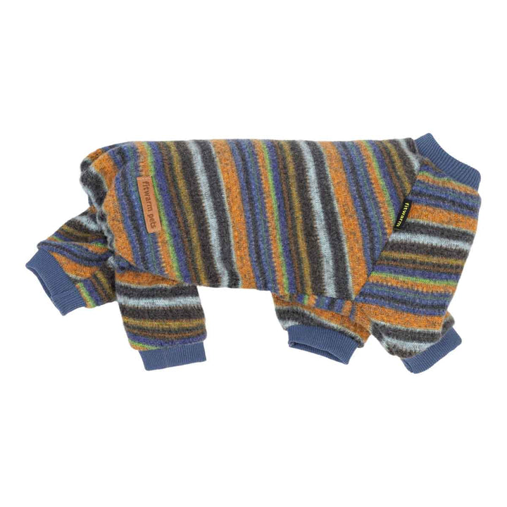 Striped dog onesie with blue, orange, gray, and black vertical stripes, featuring ribbed cuffs and a small orange brand label